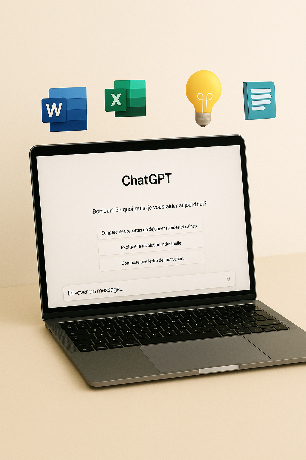 Ordinateur portable affichant une interface IA avec icônes flottantes pour la bureautique, les idées et l’apprentissage.