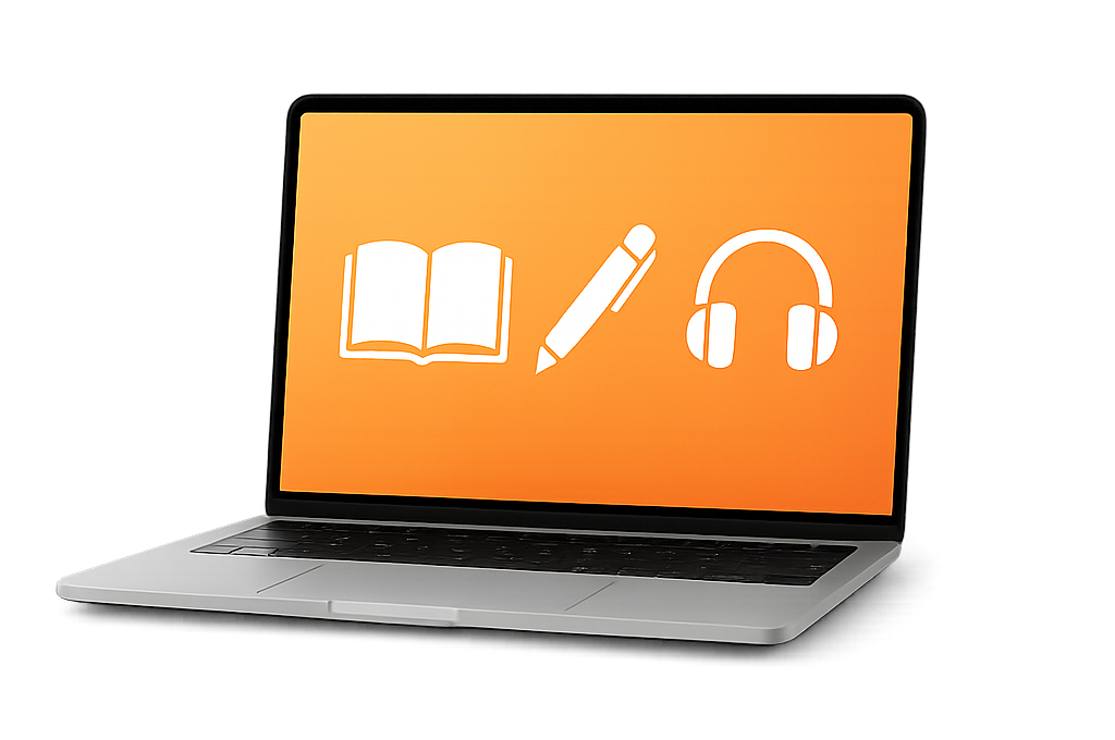 Ordinateur portable ouvert avec icônes d’éducation sur l’écran, représentant les cours particuliers et le soutien numérique