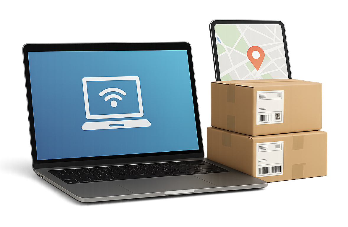 Ordinateur portable avec icône de connexion à distance, colis postaux et smartphone affichant une carte avec repère de localisation