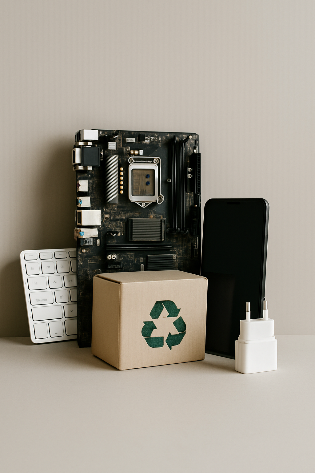Déchets électroniques triés et empilés de manière organisée, représentant le recyclage responsable.
