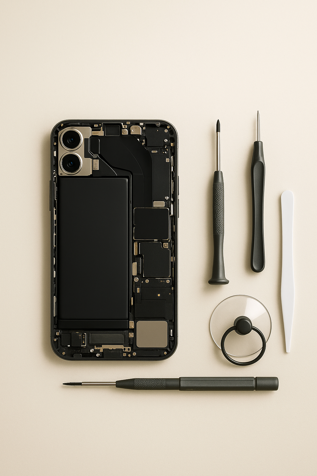 Réparation mobile et ordinateur portable – smartphone ouvert avec composants visibles et PC portable moderne, service professionnel.