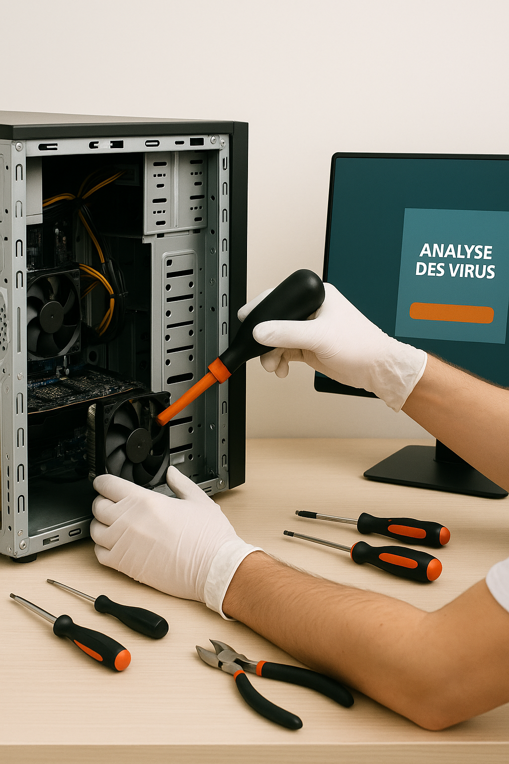 Technicien réparant un ordinateur fixe ouvert avec nettoyage interne et outils sur un bureau clair.