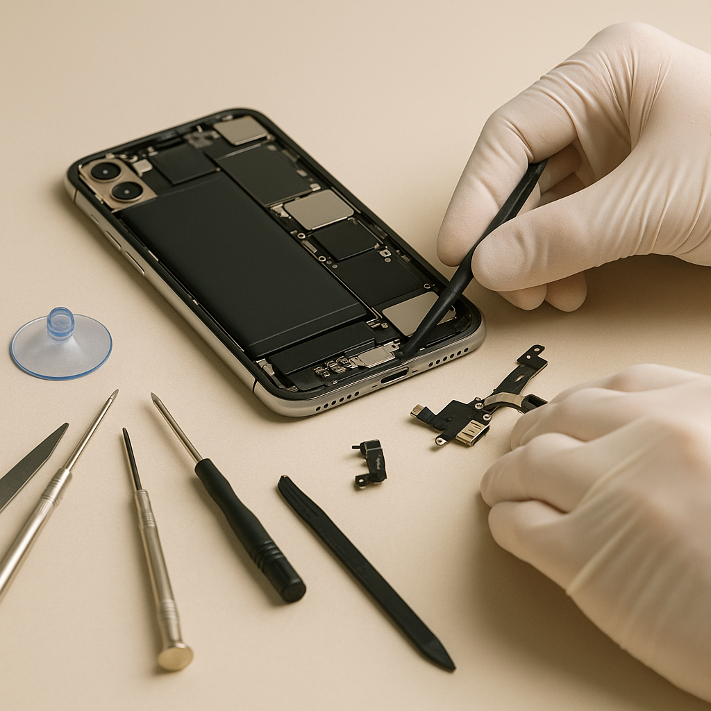 Réparation de smartphone avec outils de précision.