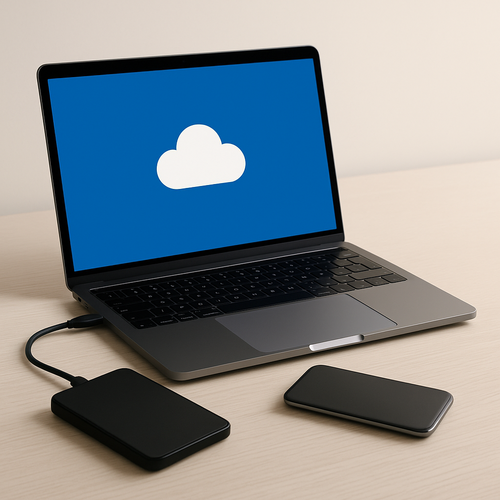 Sauvegarde cloud et stockage externe sur ordinateur portable moderne.
