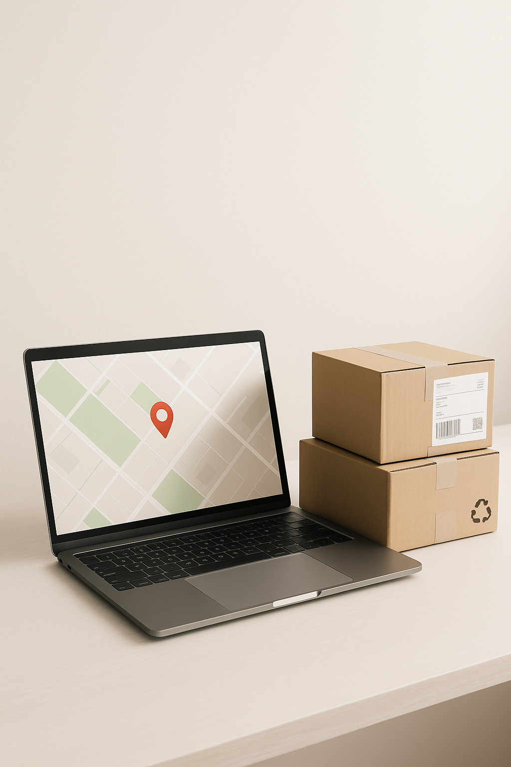 Ordinateur portable moderne affichant une carte sur l’écran, posé à côté de colis postaux avec étiquettes d’expédition. Fond minimaliste beige clair.