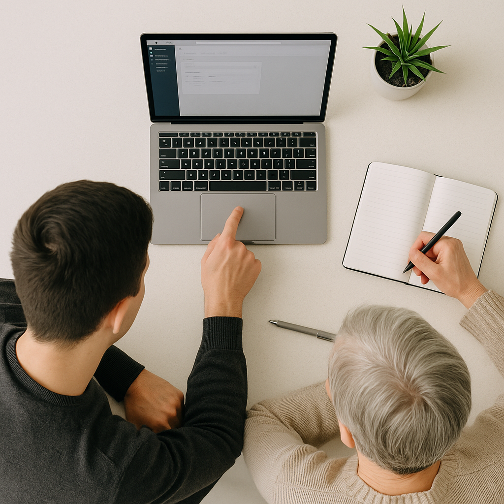 Cours particuliers à domicile – ordinateur portable, carnet et stylo sur un bureau minimaliste