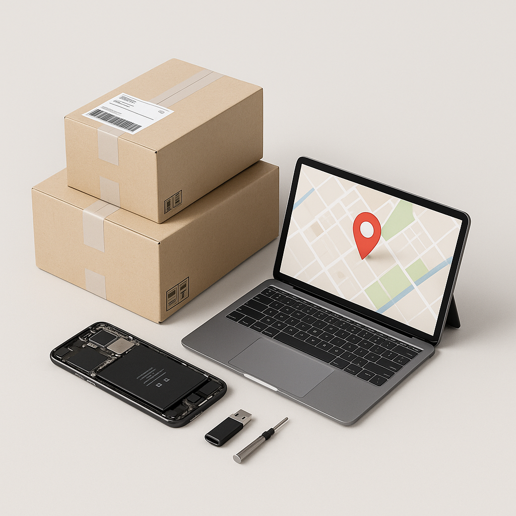 Colis postaux en carton avec étiquettes d’expédition, tablette affichant une carte avec repère de localisation, clé USB et tournevis de précision.