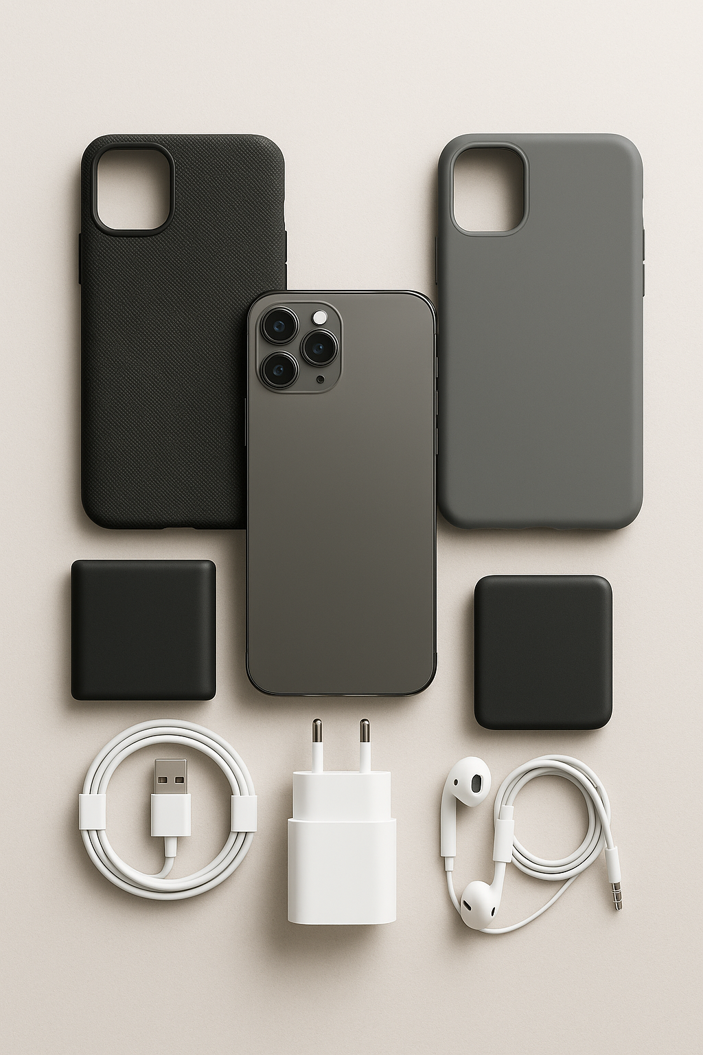 Accessoires high-tech pour smartphone – coques, batteries, câbles, chargeurs et écouteurs disposés élégamment
