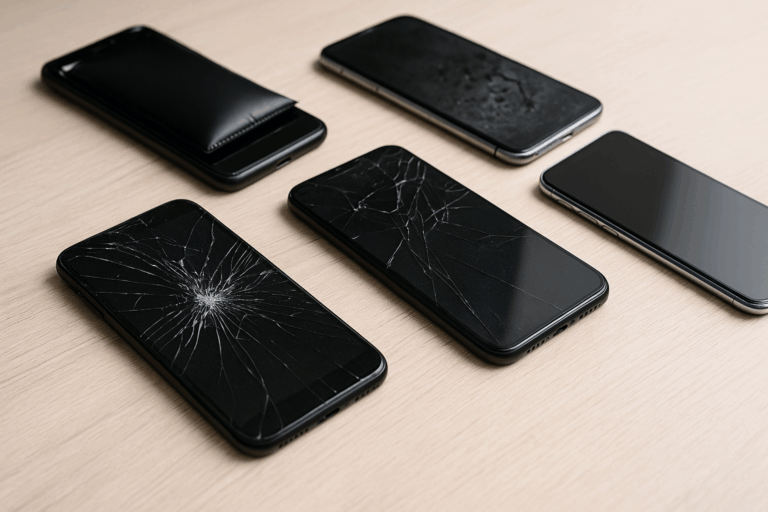 Plusieurs smartphones posés sur une table avec écrans fissurés, batteries gonflées et traces d’humidité.