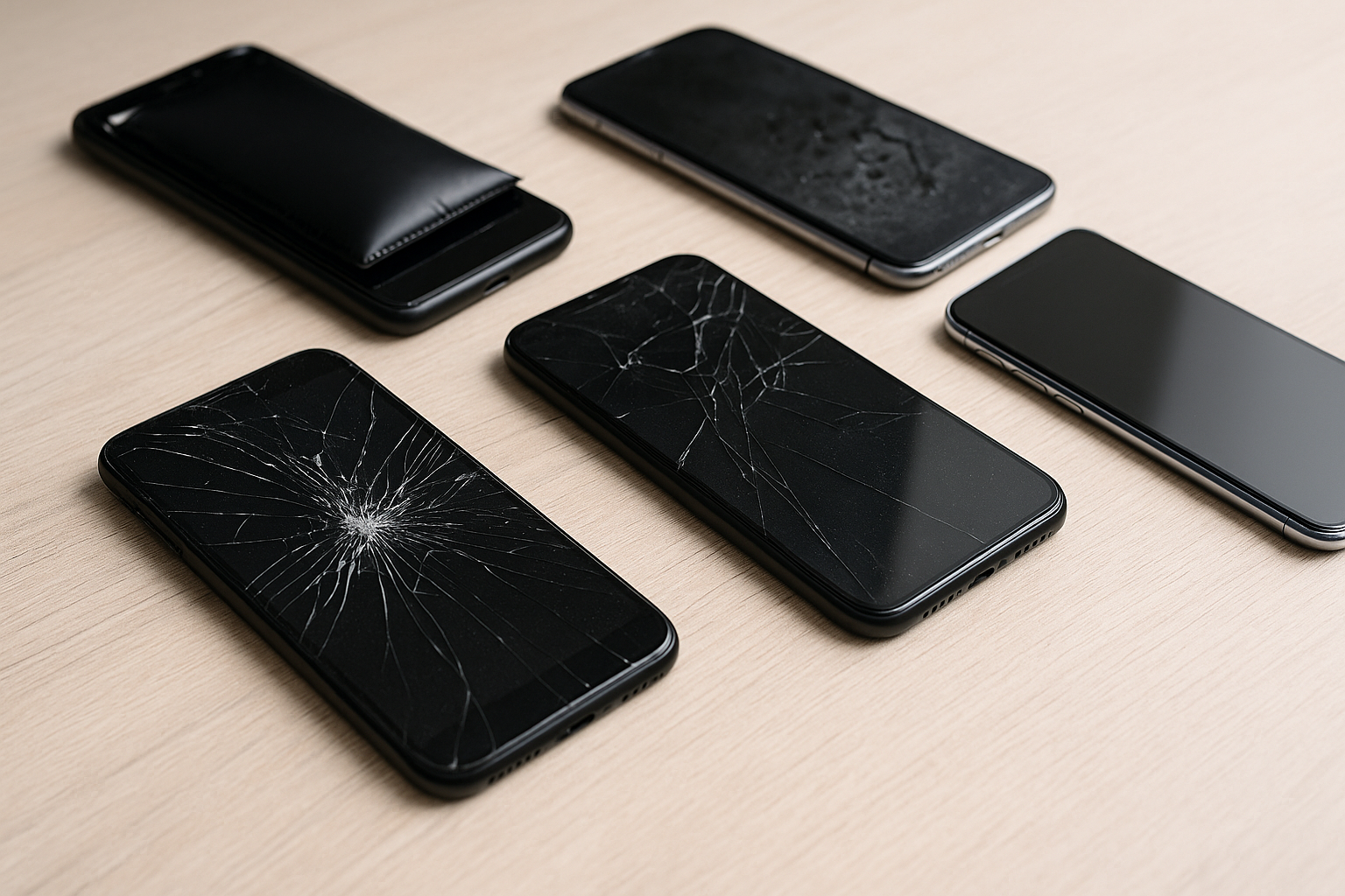 Plusieurs smartphones posés sur une table avec écrans fissurés, batteries gonflées et traces d’humidité.