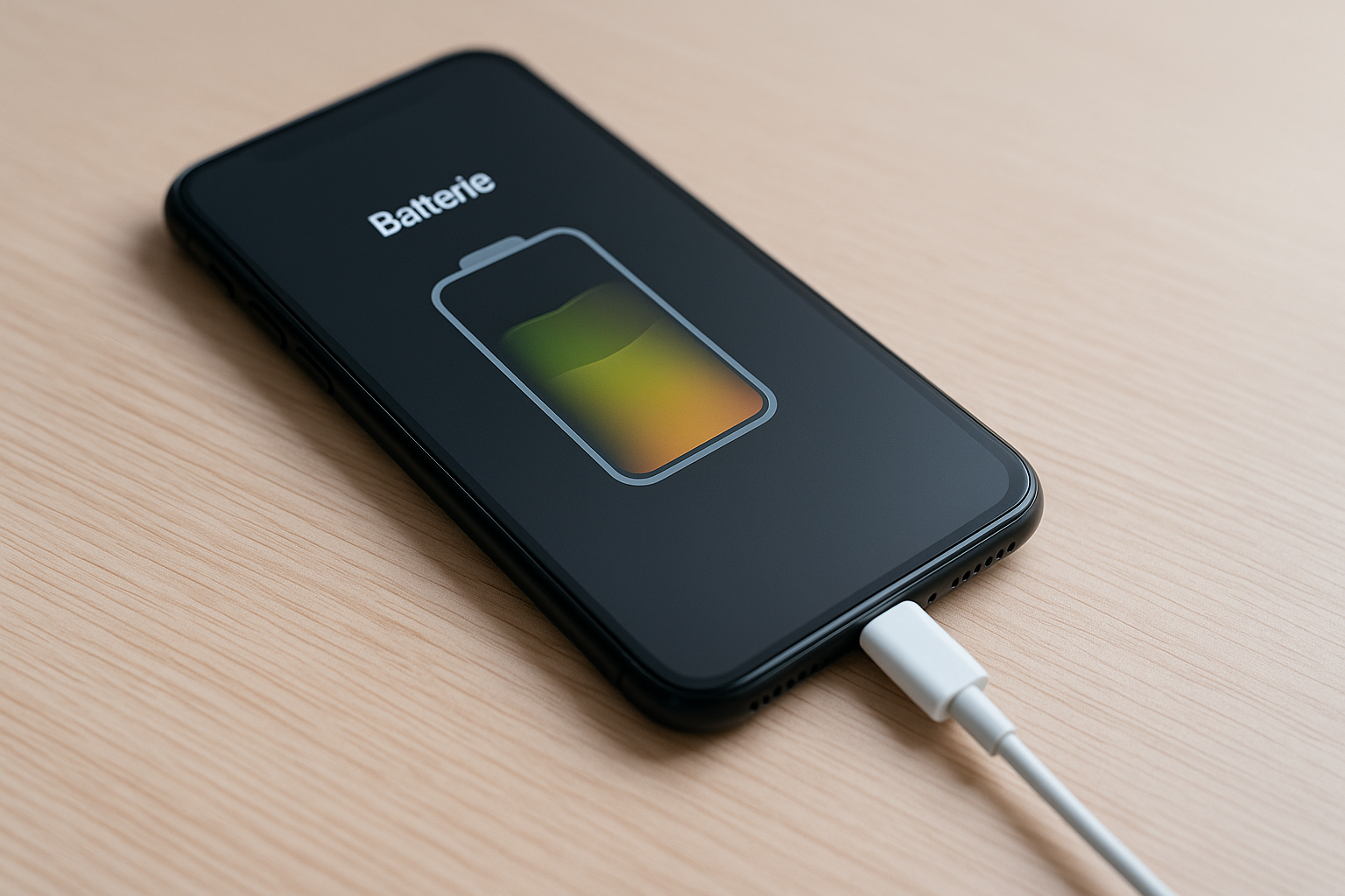 Smartphone en charge avec un câble USB, batterie gonflée et en surchauffe posé sur une table.