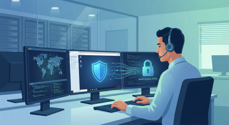 Illustration d'un technicien informatique de SEMTarn effectuant une maintenance informatique à distance sécurisée sur plusieurs écrans.